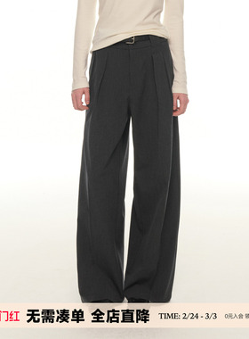 UNRETRO 阔腿裤 职场立褶弯刀西装裤女早春灰色系高腰直筒休闲裤