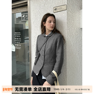 UNRETRO 羊毛混纺/短款娃娃领西装外套女秋冬款修身收腰西服上衣
