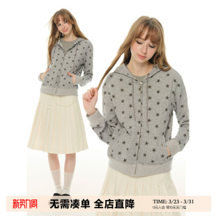 显瘦拉链开衫 复古灰色星星印花连帽卫衣女春长袖 外套 美式 UNRETRO