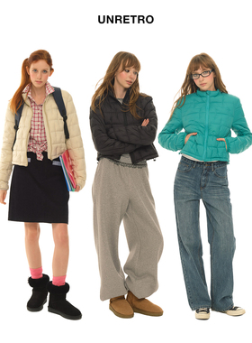 UNRETRO 轻薄90白鸭绒绿色羽绒服女冬小个子立领短款保暖上衣外套