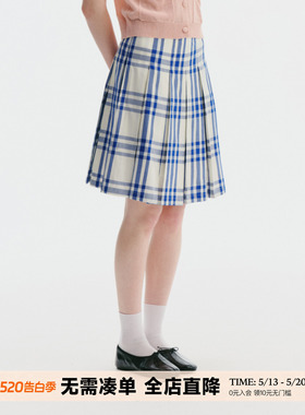 UNRETRO 复古学院风蓝色中腰格纹百褶裙女夏季纯棉宽松A字半身裙