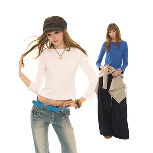 打底衫 UNRETRO二胖工作室美式 纯色内搭修身 T恤女秋冬季 船领九分袖