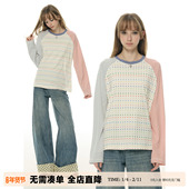 UNRETRO波点少女红蓝撞色圆领拼接T恤女春秋长袖 条纹个性 宽松上衣