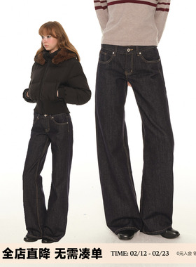 UNRETRO 原牛色低腰直筒牛仔裤女宽松美式复古百搭休闲拖地长裤子