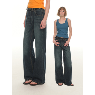 子 女秋冬做旧高腰显瘦百搭直筒宽松简约拖地裤 UNRETRO 水洗牛仔裤