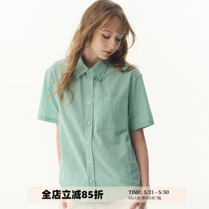 【小敏推荐】夏日清新薄荷绿小格纹短袖衬衫女小个子纯棉显瘦衬衣