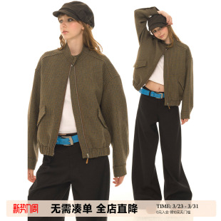 UNRETRO 酷飒立领宽松夹克上衣 早秋咖色粗纺格纹短外套女2025新款