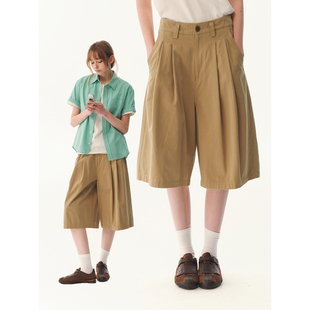 女夏宽松显瘦阔腿七分裤 复古慵懒感卡其色纯棉裙裤 小敏推荐