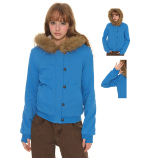新款 加绒外套女冬季 上衣加厚保暖卫衣 复古蓝色大毛领短款 UNRETRO