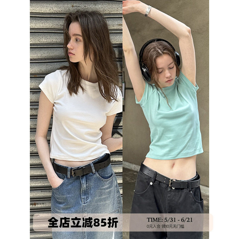 UNRETRO 美式基础款辣妹风修身正肩短袖T恤女短款纯色圆领打底衫