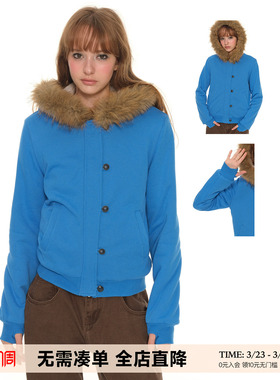 UNRETRO 复古蓝色大毛领短款加绒外套女春秋新款上衣修身保暖卫衣