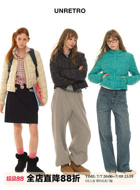 UNRETRO 轻薄90白鸭绒绿色羽绒服女冬小个子立领短款保暖上衣外套