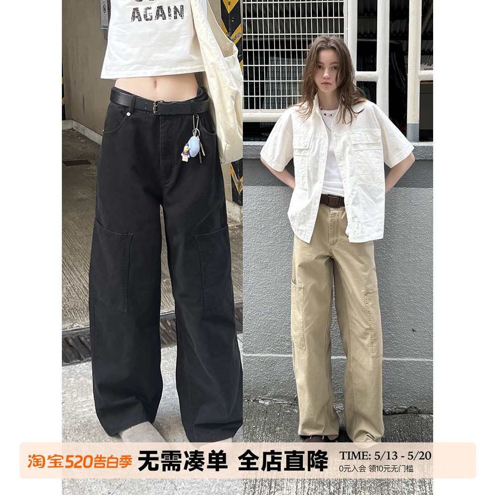 UNRETRO 美式复古卡其色水洗直筒工装裤女高腰显瘦小个子休闲裤子