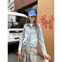 UNRETRO 甜酷做旧牛仔外套女春秋季复古学生小个子浅蓝色开衫上衣
