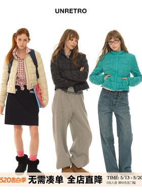 UNRETRO 轻薄90白鸭绒绿色羽绒服女冬小个子立领短款保暖上衣外套