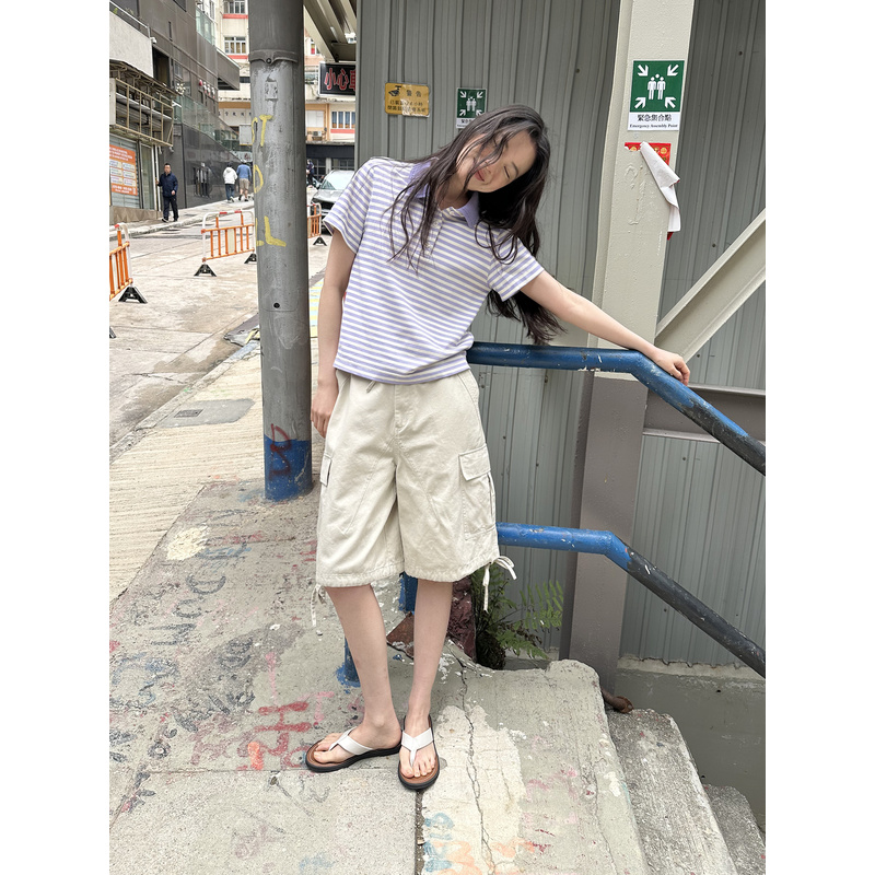UNRETRO 美式水洗系带抽绳多口袋工装短裤女小个子宽松休闲五分裤