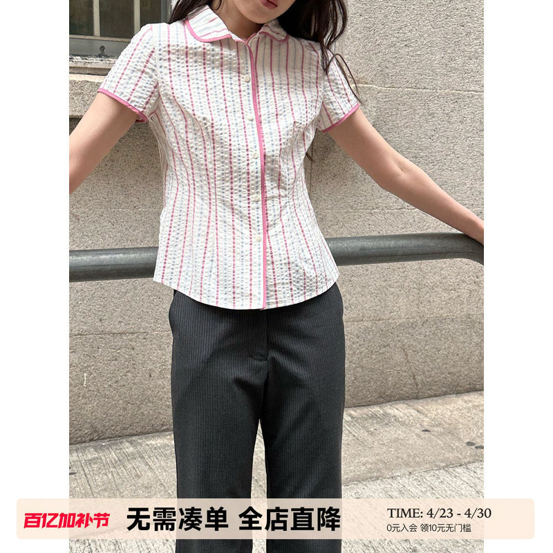 UNRETRO 复古娃娃领肌理感条纹短袖衬衫女小个子辣妹修身显瘦衬衣