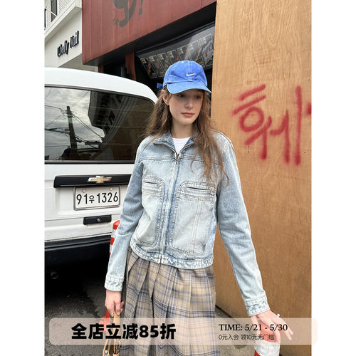 UNRETRO甜酷做旧修身牛仔外套女