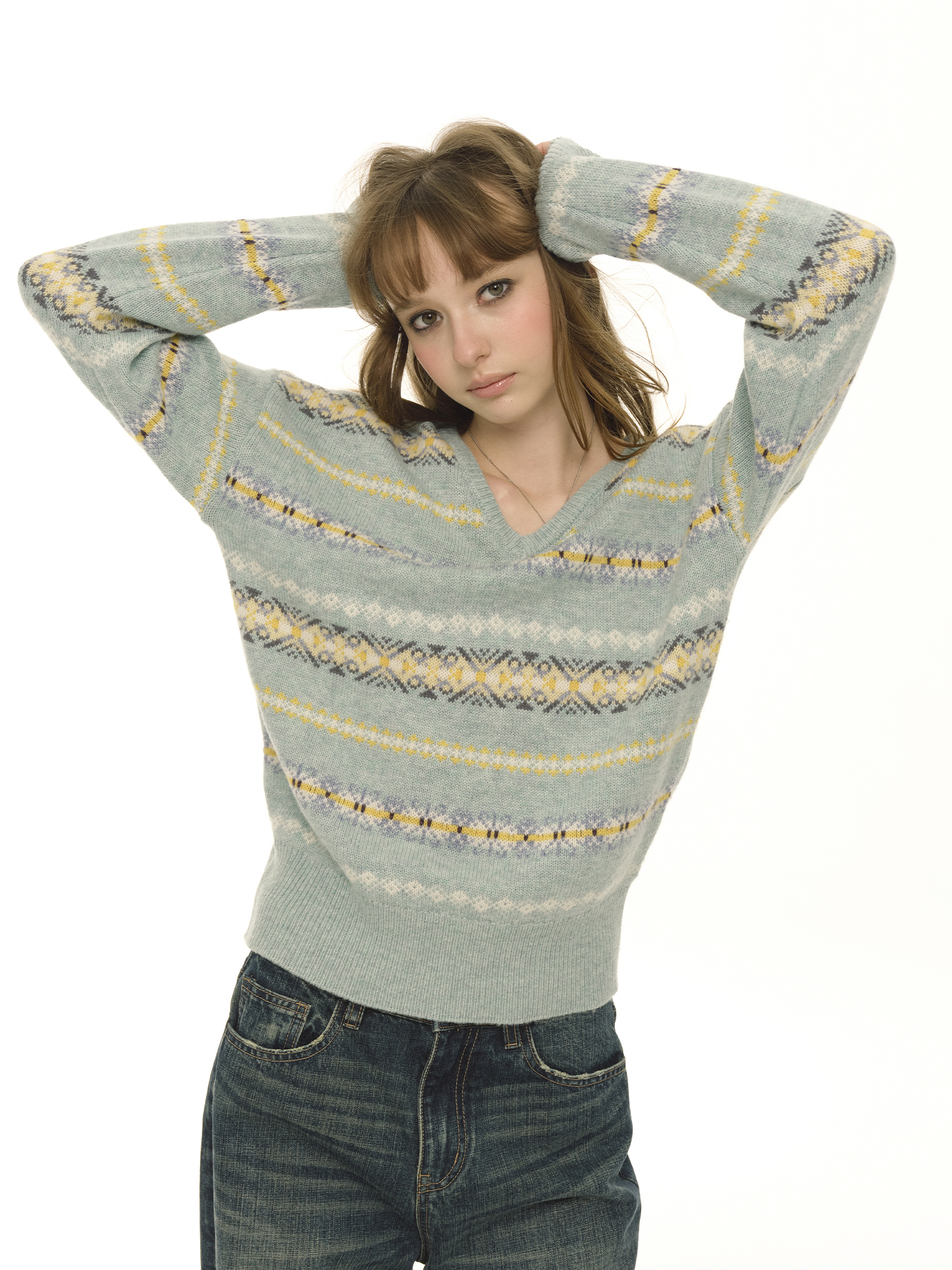 thumbnail for Unretro Christmas Wool Blend/Retro Green Loose V-Neck Sweater Fair Isle Jacquard Knitted Sweater for Women