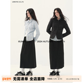 直筒半身裙女春秋复古小个子a字西装 UNRETRO法式 黑色开叉修身 长裙