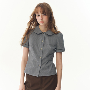 UNRETRO 衬衫 女甜酷少女收腰短款 衬衣 复古学院风娃娃领格纹短袖