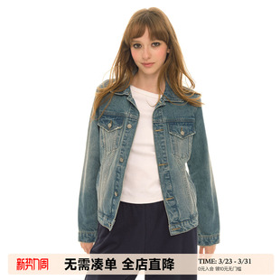 夹克上衣 小个子修身 UNRETRO 复古水洗蓝色正肩牛仔外套女春秋新款