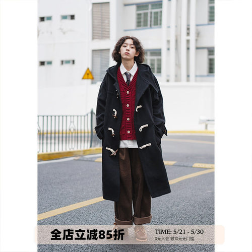UNRETRO二胖工作室 复古牛角扣大衣女冬季加厚小个子黑色毛呢外套 - 封面