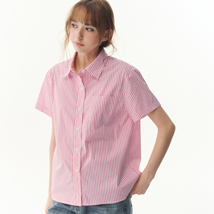 女2026夏新款 UNRETRO 翻领纯棉撞色条纹短袖 衬衫 上衣 宽松休闲开衫