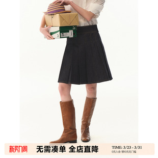 UNRETRO 重磅原色中高腰百褶牛仔裙女复古学院风小个子宽松半身裙
