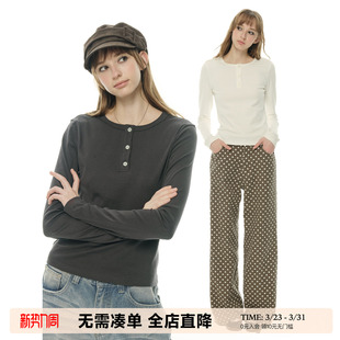 UNRETRO基础亨利领白色气质长袖 显瘦百搭设计感打底内搭 T恤女修身