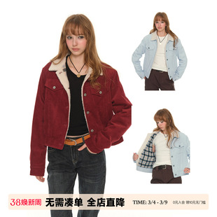 UNRETRO 复古灯芯绒翻领短款工装外套女冬季新款加厚保暖夹克上衣