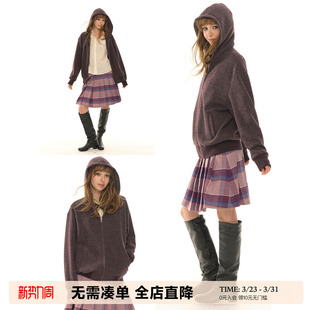 UNRETRO 休闲慵懒百搭卫衣上衣 复古紫色拉链针织外套女春秋新款