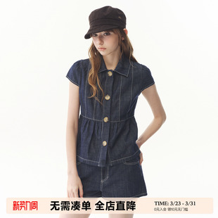 女原色收腰牛仔外套阔腿短裤 套装 两件套 复古水洗牛仔短袖 UNRETRO