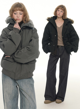 UNRETRO 工装廓形灰色羽绒服女冬季新款保暖加厚宽松休闲短款外套