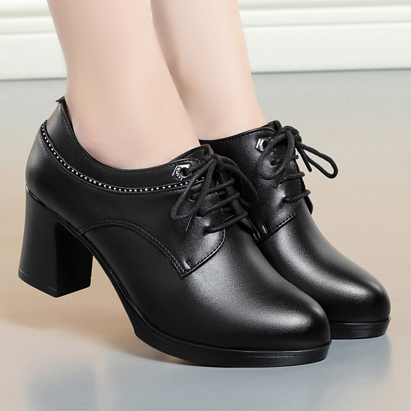 意尔康2026春季新款女鞋正品真皮女单鞋时尚休闲高跟粗跟软牛皮鞋