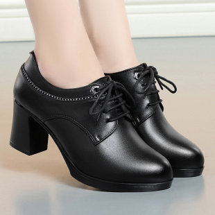 意尔康2026春季新款女鞋正品真皮女单鞋时尚休闲高跟粗跟软牛皮鞋