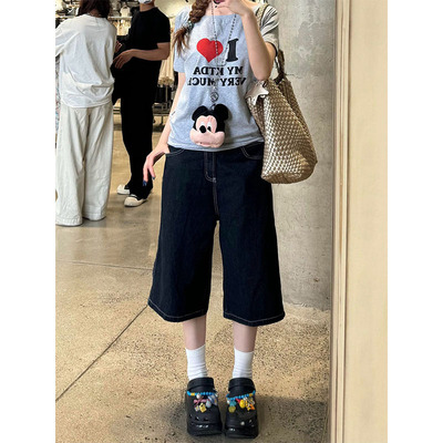 美式深蓝色牛仔七分中裤女夏季新款复古宽松阔腿显瘦直筒五分短裤