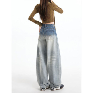 美式复古弯刀阔腿牛仔裤女2026春季新款高腰宽松显瘦垂感拖地裤子