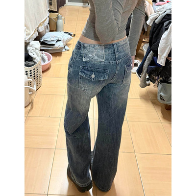 美式复古阔腿牛仔裤女2026春夏新款宽松低腰显瘦绣标设计感直筒裤