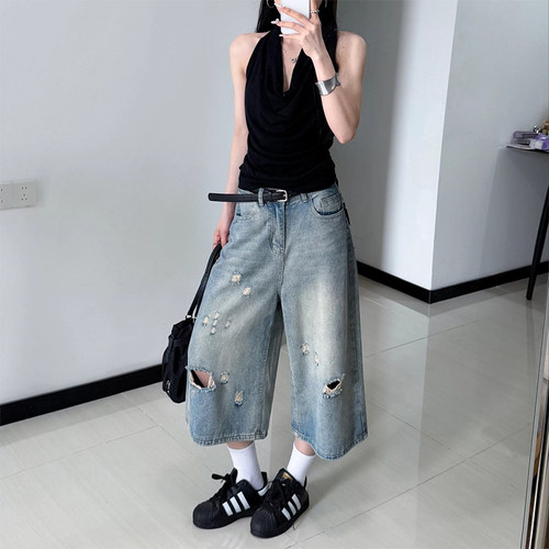 大码bf慵懒风美式薄款七分牛仔裤女2026夏季款胖MM宽松破洞阔腿裤