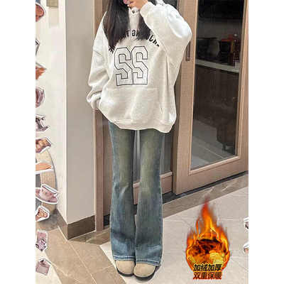 复古微喇牛仔裤女秋冬加绒加厚喇叭裤梨形身材大码高腰显瘦马蹄裤