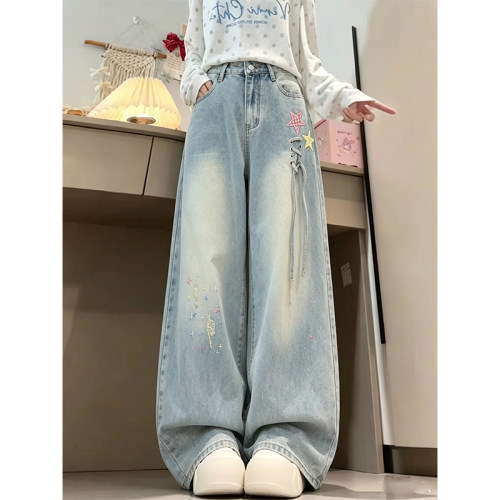 美式复古阔腿牛仔裤女2026秋季新款绑带设计感高腰宽松直筒长裤子
