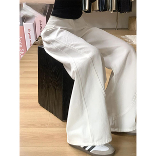 子 百搭宽松垂感直筒拼接显瘦弯刀裤 白色高腰阔腿牛仔裤 女秋冬新款