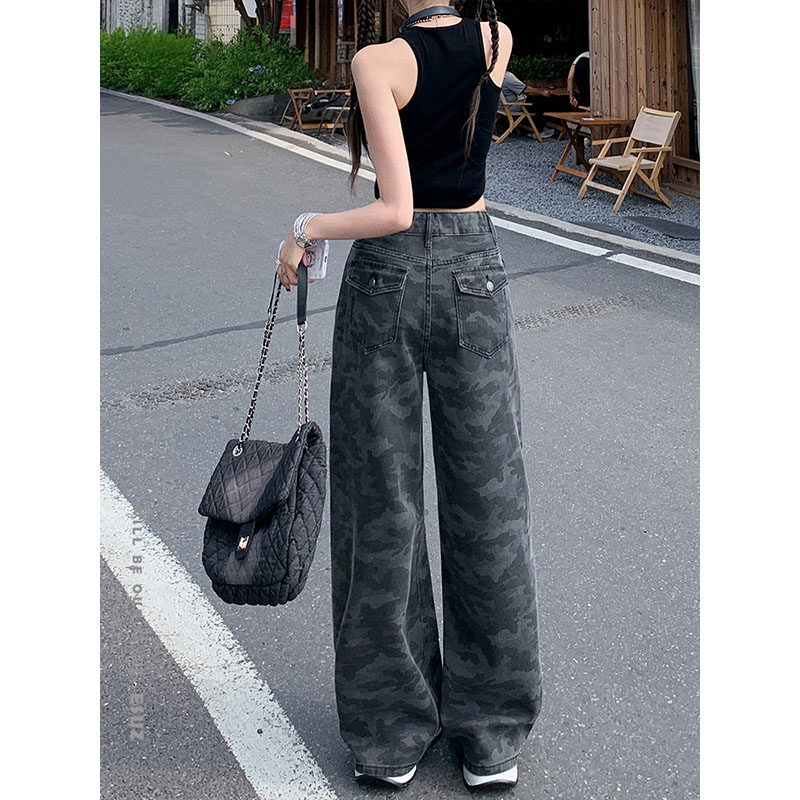 美式迷彩休闲工装牛仔裤女2025新款高腰宽松百搭垂感拖地阔腿裤子,女装/女士精品,牛仔裤,淘宝优惠券,粉丝福利购,淘宝优惠卷