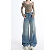 高腰显瘦烫钻设计感宽松直筒裤 爆款 女2026春季 渐变蓝色阔腿牛仔裤