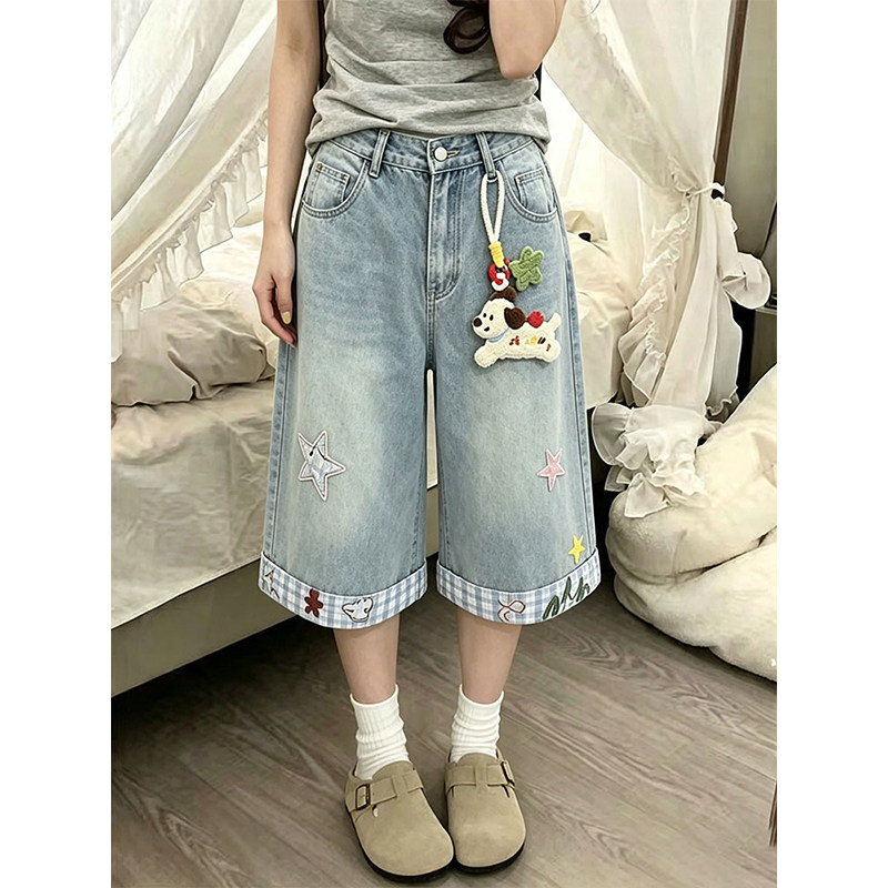 美式浅色星星刺绣牛仔裤女夏季新款宽松显瘦设计直筒阔腿七分裤子