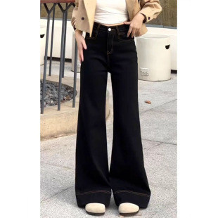 高腰显瘦垂感拖地长裤 黑色大码 2025年新款 女秋季 微喇叭阔腿牛仔裤