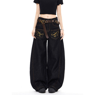 复古宽松休闲裤 美式 子 女2026春新款 高级感黑色反穿刺绣弯刀牛仔裤