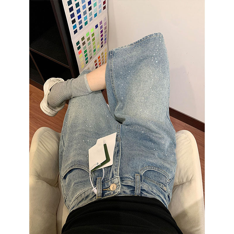浅色烫钻牛仔七分裤女夏季新款大码胖mm宽松显瘦梨形身材阔腿短裤
