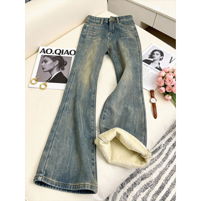 美式复古蓝加绒加厚微喇牛仔裤女冬季大码胖mm遮胯弹力显瘦喇叭裤